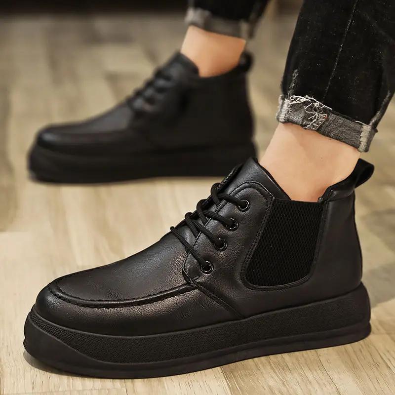 Thick Sole Man Casual Boots Non Slip and Waterproof Platform Leather Shoes for Men Lace Up Designer Elegant Pu New In On Sale