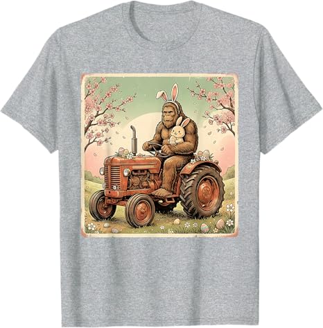 

2026Easter Bigfoot Bunny Tractor Funny SpringSasquatch FarmerT-ShirtY2k Cute AestheticGraphic Saying Tee Easter Novelty Gift Top 4XL