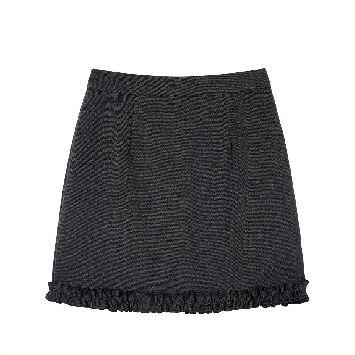 

Women s Plus Size Grey Wool A-Line Half-Skirt with Black Lace, High Waist, Slimming, Spring/Autumn. S