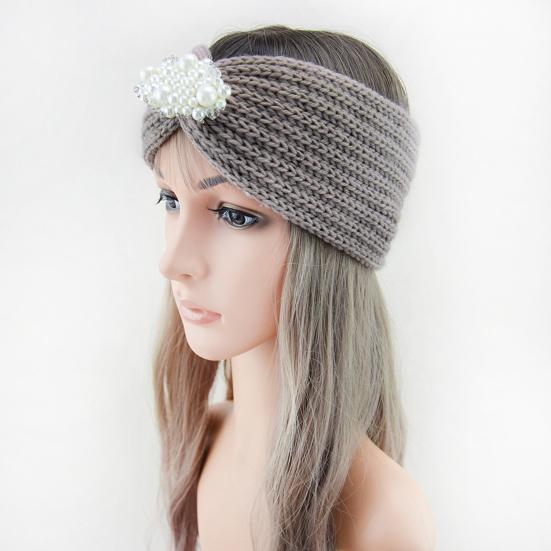 Knitted Headband Soft Stretchy Wide Band Hairband with Faux Pearl Headwrap Winter Hair Accents Solid Color