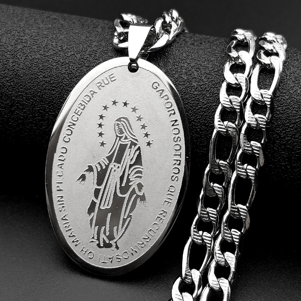 Preghiera Cattolica Spagnola Nostra Signora di Guadalupe Collana Ovale per Donne Uomini Acciaio Inossidabile Colore Oro Catena Madonna Gioielli