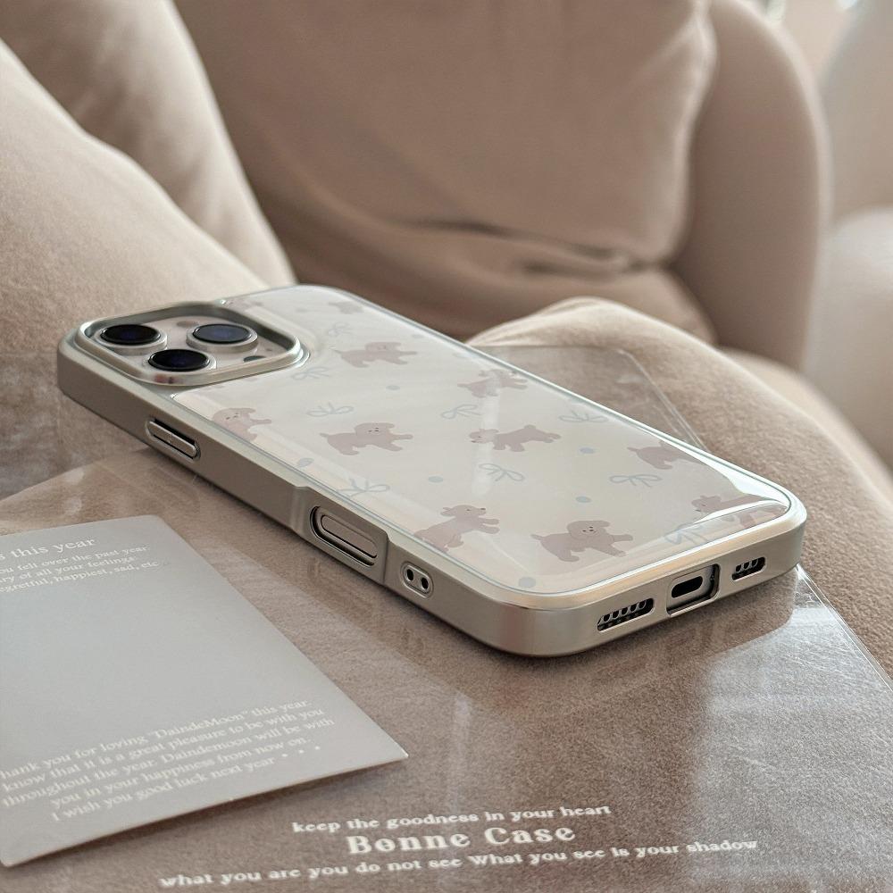 Cute Grey Teddy Pattern Silver Edge Epoxy  Anti-drop Phone Case For iPhone XR/11/12/13/14/15/16/17 Pro Max Phone Case