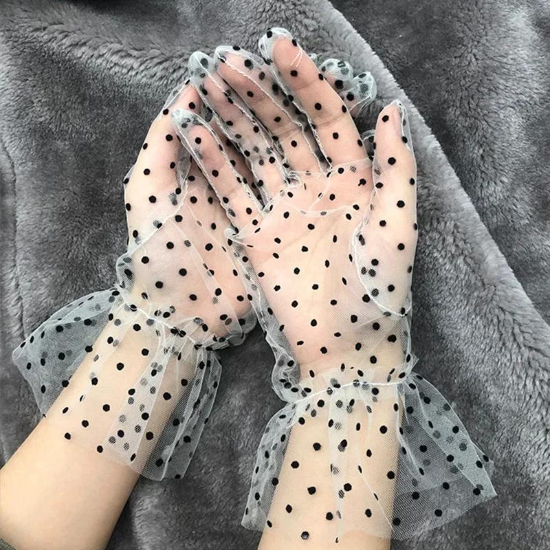 Gants en Tulle Filet Noir Blanc Imprimé Pois Transparent Sexy Printemps Été Fins Courts Gant Club Bal Fête Robe de Danse Gant One Size white