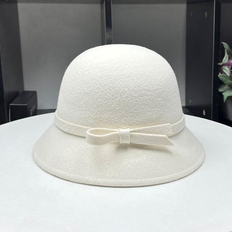 Hepburn small fragrant wind wool styling basin hat women's autumn and winter simple and elegant bow bucket hat small brim hat