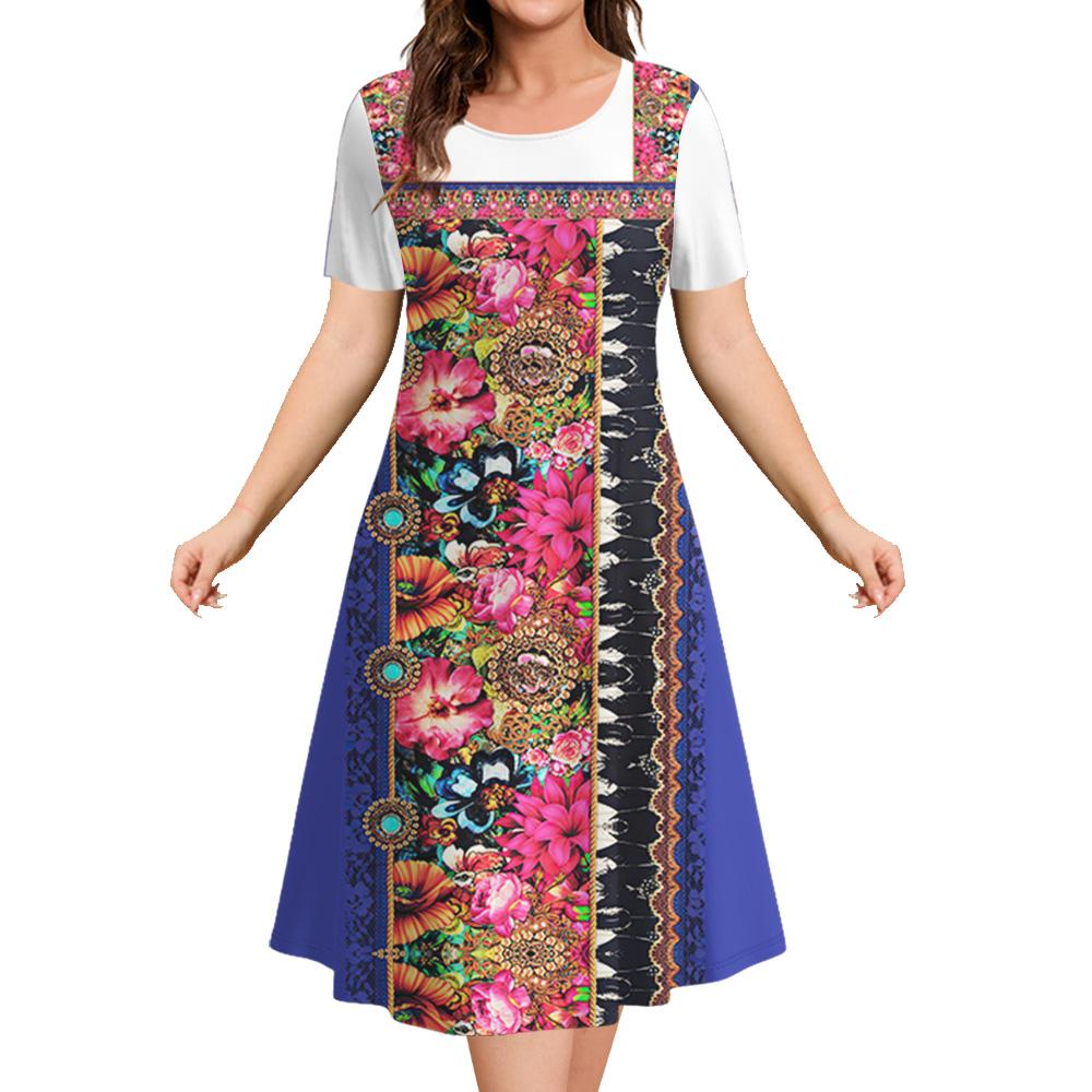 Ethnic Style Women's A-line Skirt Summer Fashion Casual Dress Flower Clothes Ladies Loose Casual Round Neck Dress