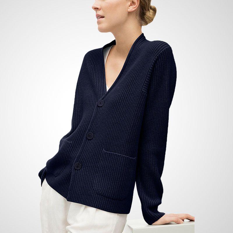 

Удобный Ретро Свободный Цветной Блок Все-Сочетаемый Вязаный Кардиган Navy blue M