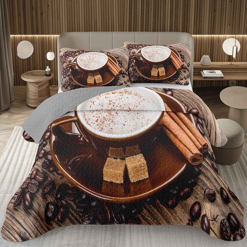 Single Twin Full Queen King Bedspread Set Coffee Bean Coverlet Set,Coffee Theme Bedding Set Coffee Lovers Gifts Room Decorations