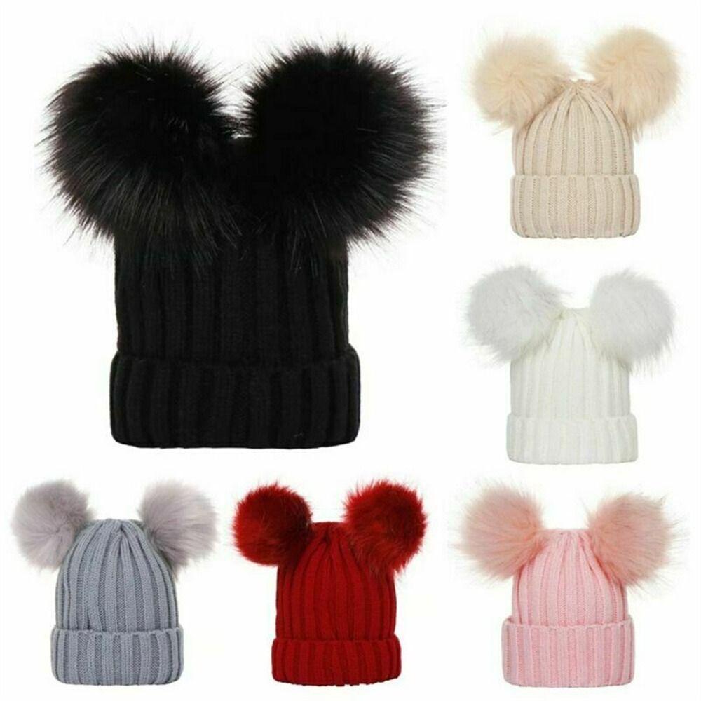 Boys Girls Pom Windproof Baby Beanie Cap Warm Bobble Hat Kids Knitted Hat