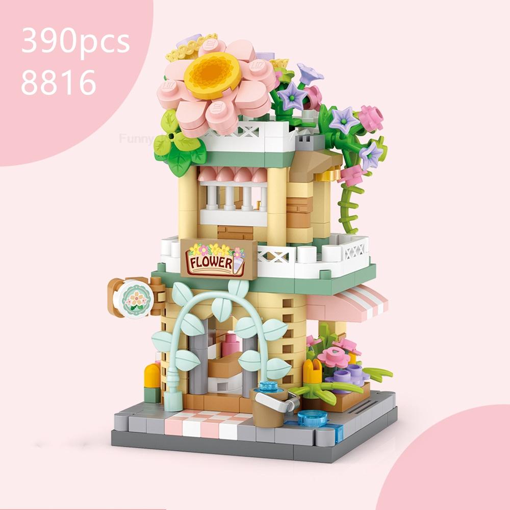 Panda Pet Coffee Ice Cream Flower House Appliance Dessert Shop Store Street View Food House Building Blocks Model Kids Toy