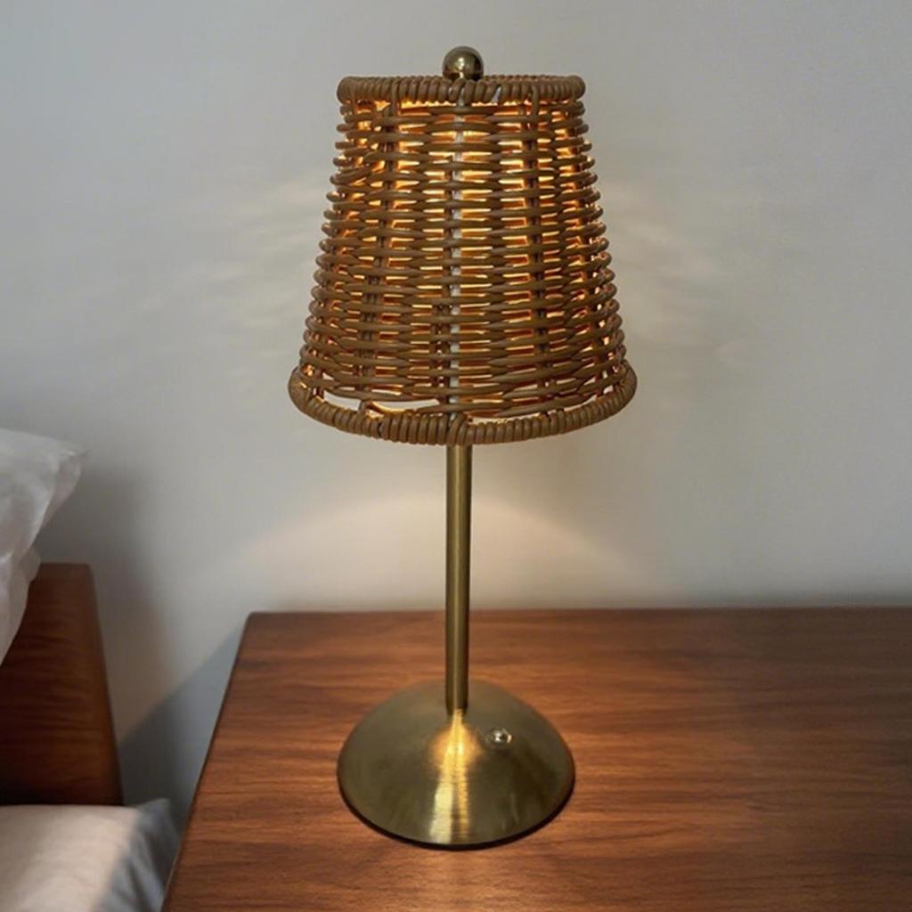 Vintage Rattan Table Lamp LED Dimmable 3 Color Temperatures Rechargeable Cordless Bedside Lamp for Bedroom Living Room