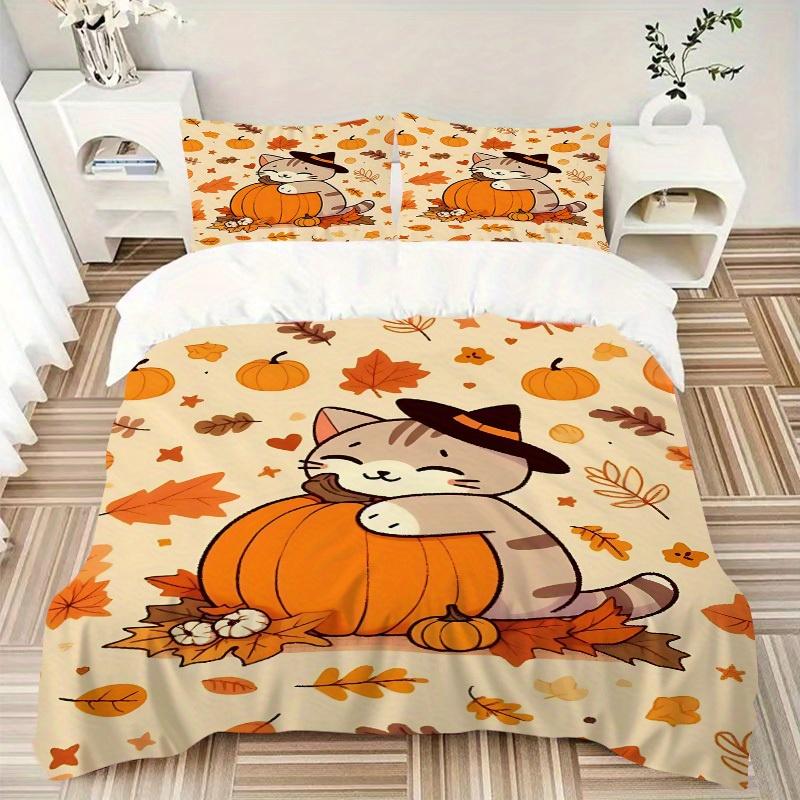 3pcs Halloween Cat Bedding Set, Suitable for Bedroom Decoration, (Includes 1 Duvet Cover And 2 Pillowcases, Quilt Not Included) yy250822187