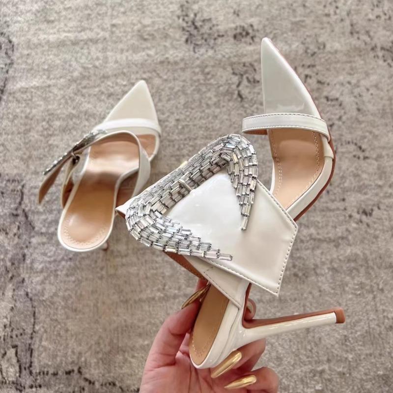 Fashion Higher Quality Crystal Buckle High Heels Summer Sexy Pointed Toe Thin Heel Slide Sandals Elegant Open Toe Wedding Bridal Shoes