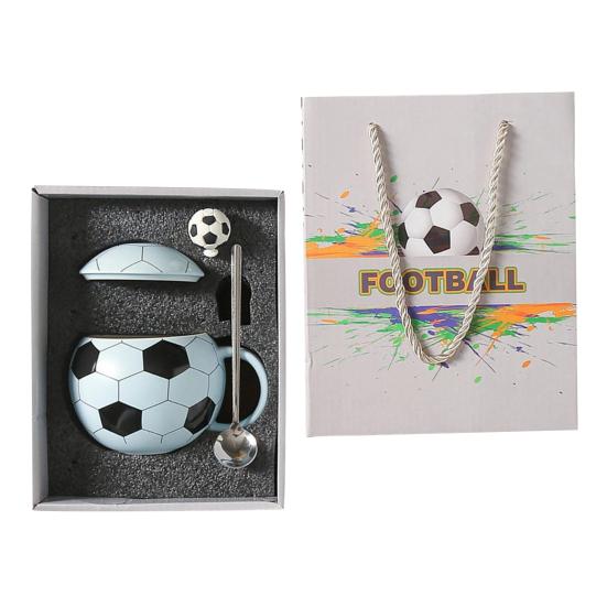 Soccer Ceramic Mug, 400ml Football Shaped Cup with Lid, Black White Hexagon Sports Drinkware for Home Office, Fan Gifts