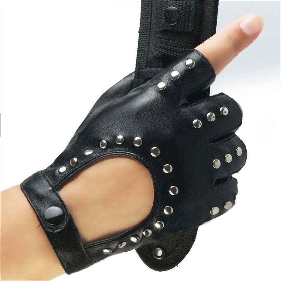 Black Studded Fingerless Gloves for Men Women L
