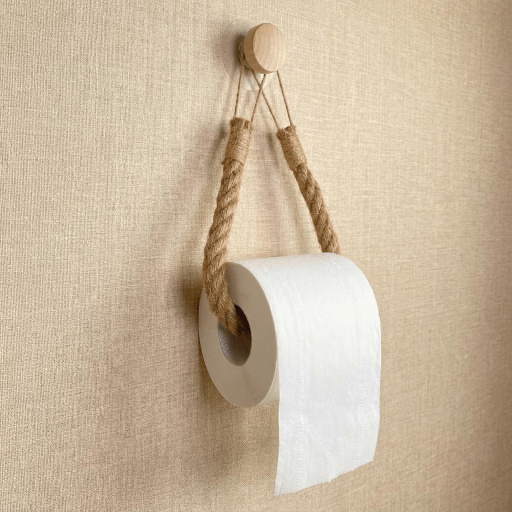 No-Drill Toilet Paper Wood Hook Hand-Woven Jute Rope Tissue Holder Bathroom