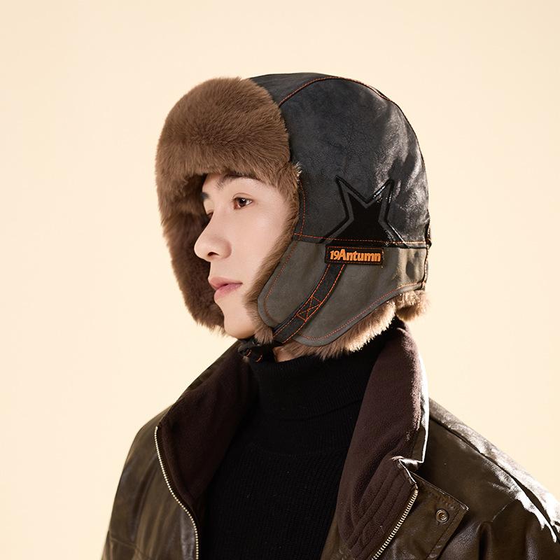 Lei Feng Hat for Men and Women Outdoor Riding Ski Pilot Plus Velvet Thickened Hat Winter PU Leather Anti Cold Ear Protection Hat