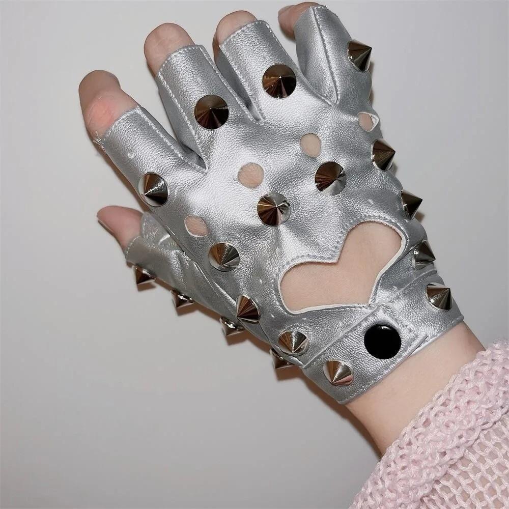 Edgy Fingerless Gloves Studded Details Half Finger Gloves Studded Leather Gloves  Hip-Hop