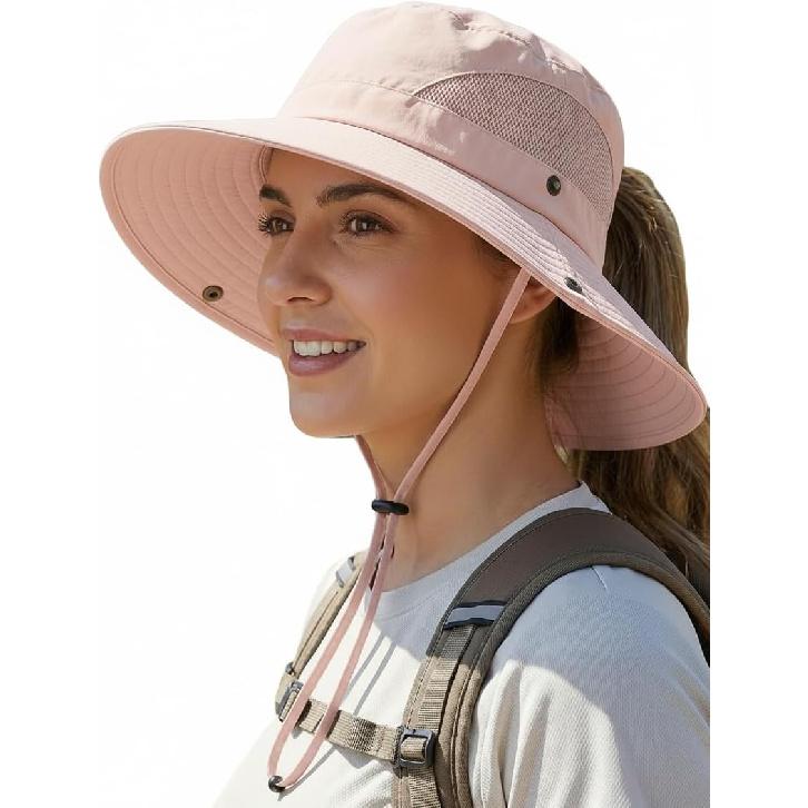 Women's Sun Hat Wide Brim Bucket Hat for Outdoor Breathable Mesh Ponytail Hole Adjustable Foldable UPF 50+ Windproof