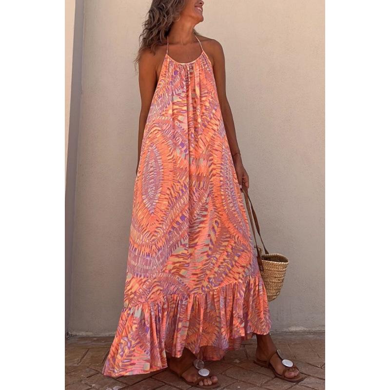 European & American Summer 2023 Women's Printed Spaghetti Strap Long Dress with Big Hem