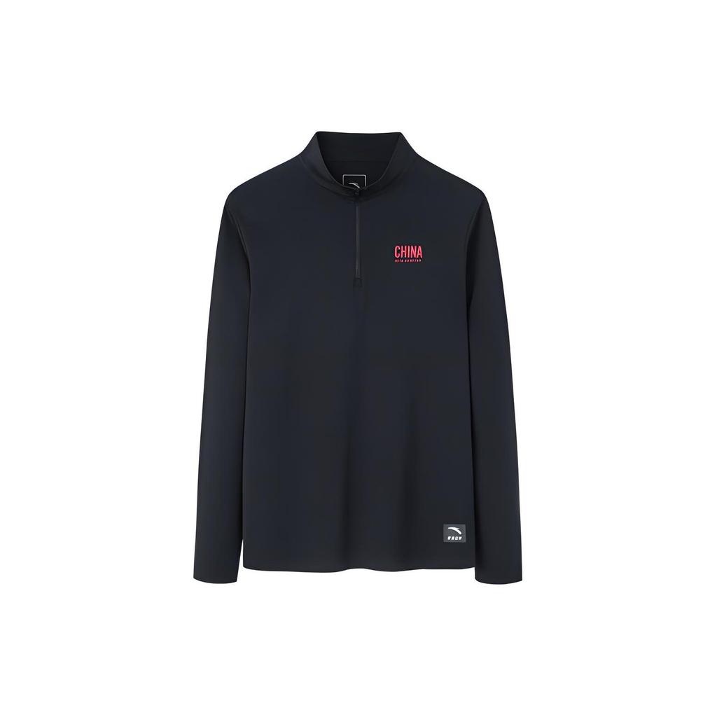 Anta Solid Color Printed Letter Half Zip Long Sleeve T-Shirt Men tops Black 152230403-2