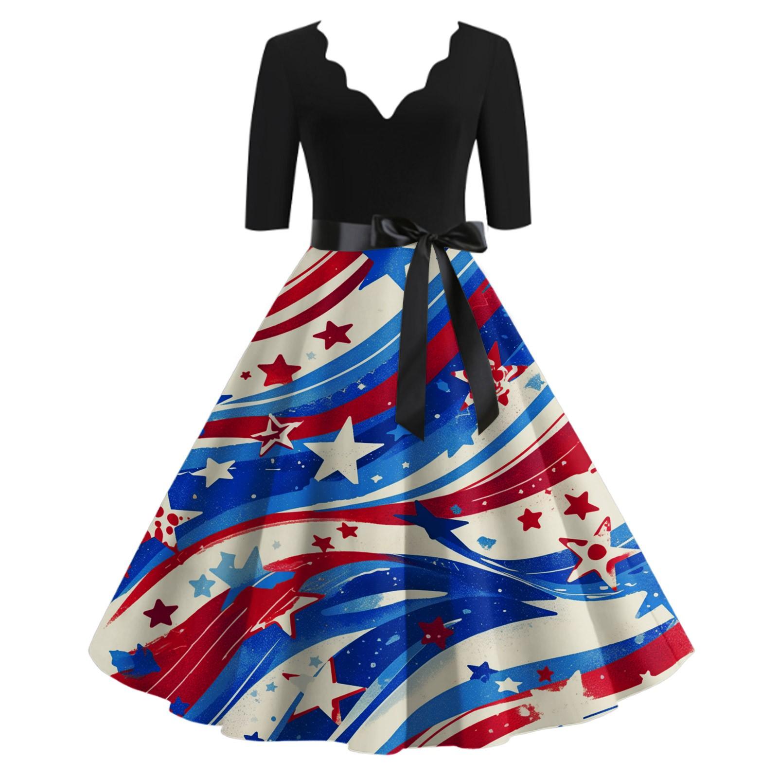 

Women s Casual And Fashionable Independent Day Printed V-Neck Seven Point Cuff Waist Belt Dress L