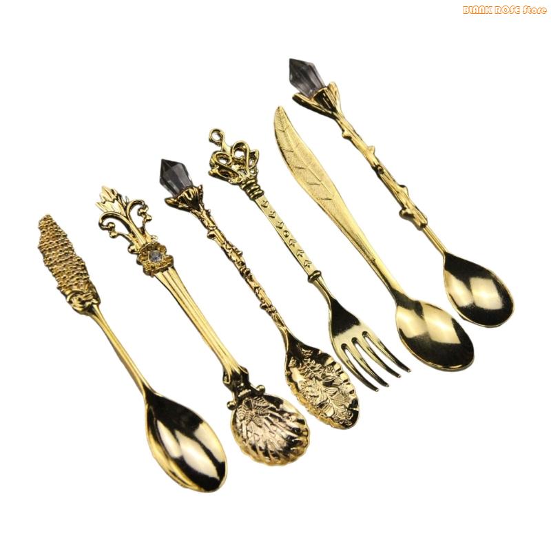 

K1AE Elegant Vintage Teaspoons Set Of 6 Zincs Alloy Crystal Dessert Spoons With Textured Handle For Coffee Cocktails Mixing золотий