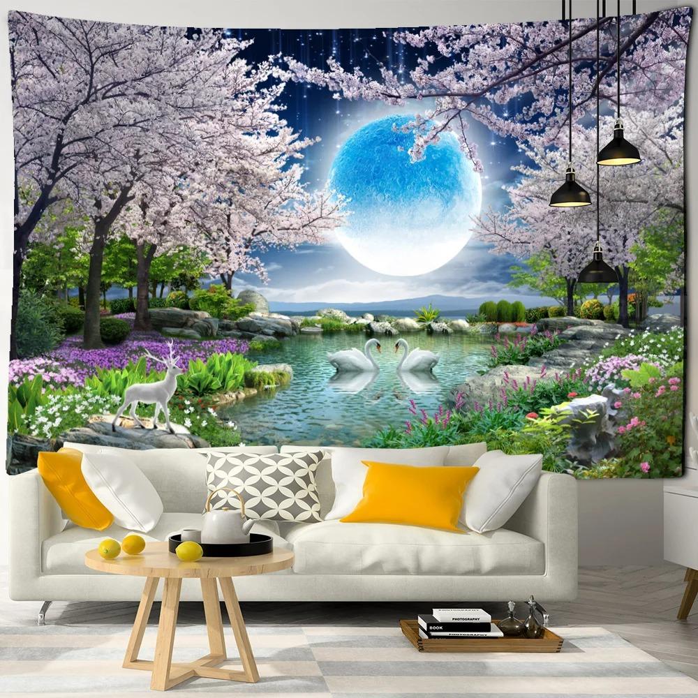 Sea Moon Cherry Blossom Forest Trail Wall Hanging Tapestry Home Decoration Living Room Bedroom Wall Background Hanging Cloth