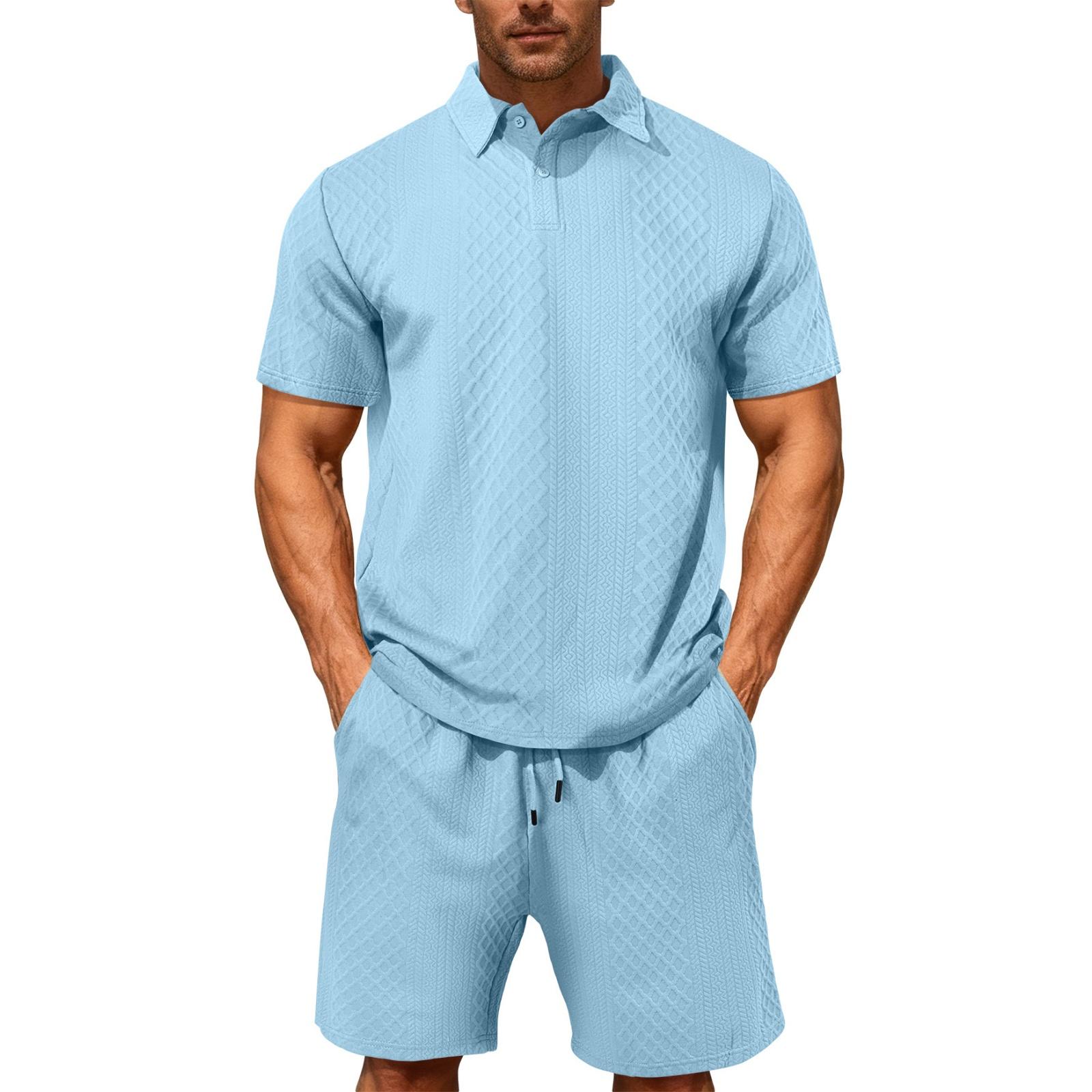 

Men s New Casual Sports Thin Lapel Shirt Short Sleeve Set XXXL