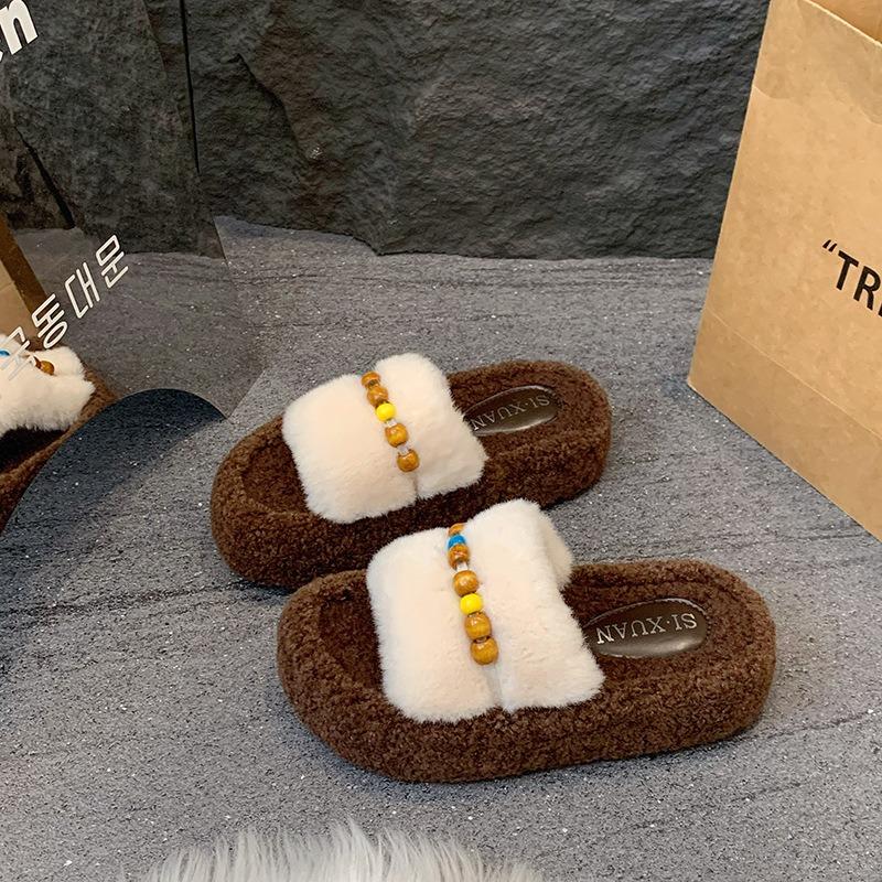 Thick bottom beautiful fashion plush slippers women's autumn and winter wear high-end new models