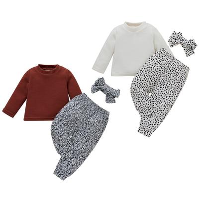 Einfarbiges Baby-Oberteil mit Leopardenmuster, Hose, Haarband, Herbstkleidungsset