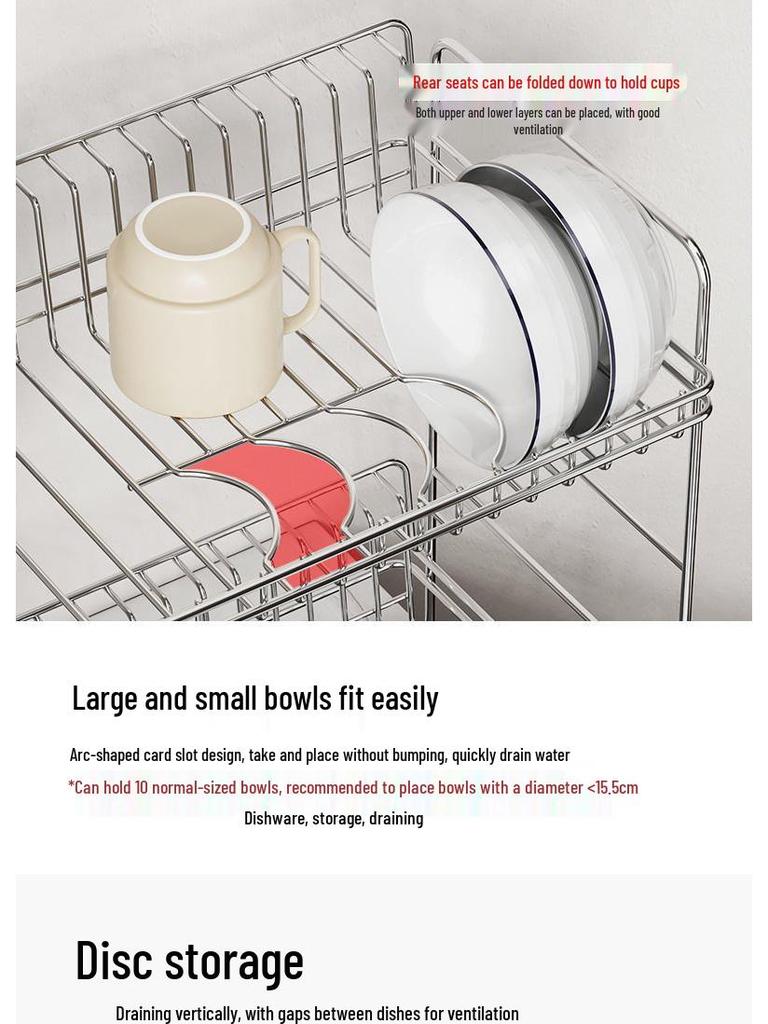 304 Stainless Steel Double-Layer Kitchen Dish and Bowl Drain Rack