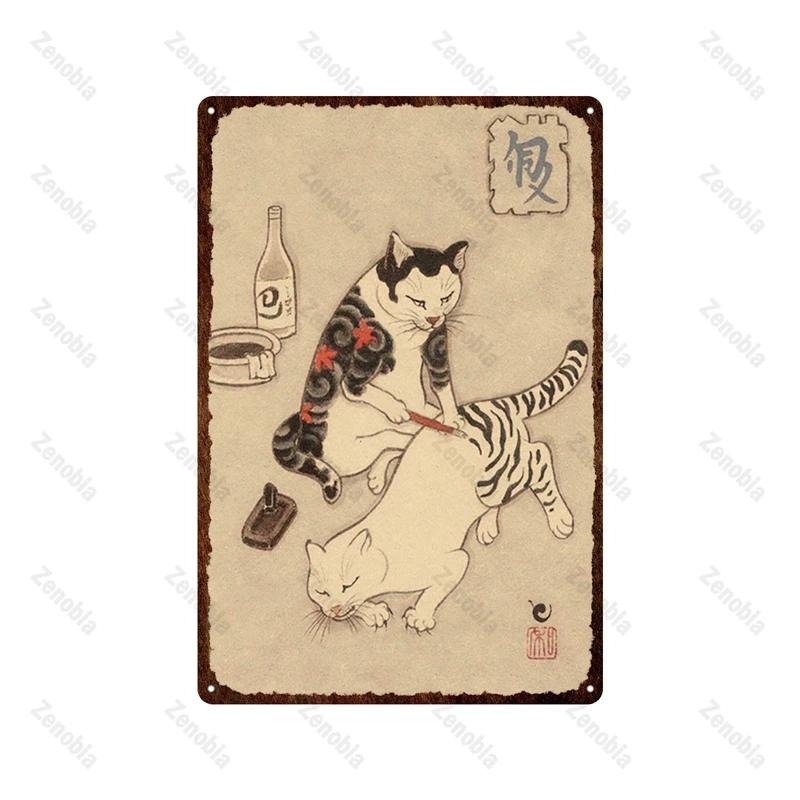 Japanese Samurai Cat Metal Sign Tattoo Cat Vintage Plaque Ukiyoe Plates Wall Art Tin Posters Shabby Man Cave Bar Home Decoration