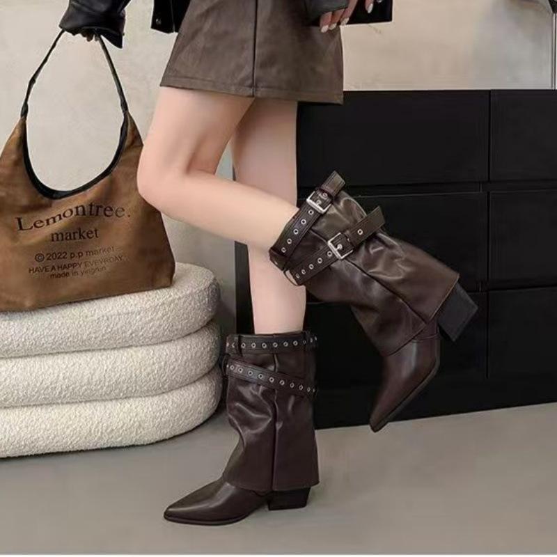 

French gentle temperament belt buckle trouser boots women s 2025 new Spice Girl temperament pointed wedge straight knight boots 40 коричневый