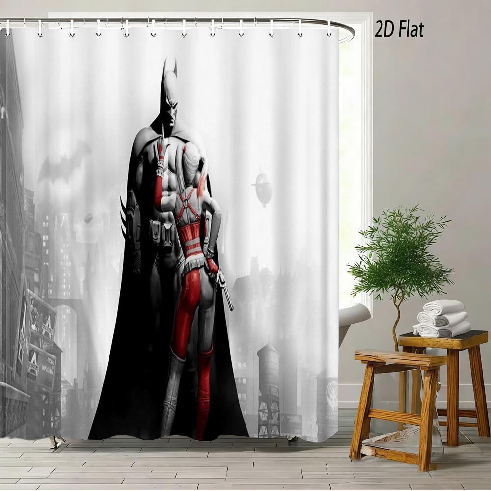 Batman & Harley Quinn Monochrome City Waterproof Shower Curtain, Superhero Bathroom Decor For Fans