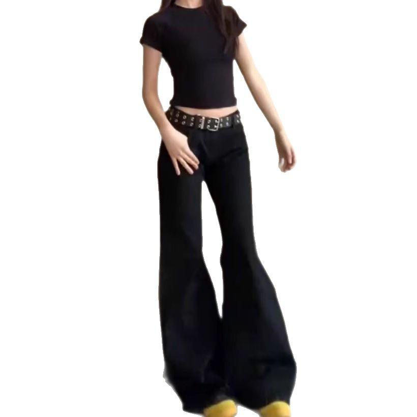 Women's Plus Size Black Wash Micro Flare Wide-Leg Jeans - Low Waist, Loose Draping, Floor-Length for Spring/Summer