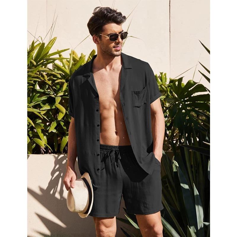 Men's Linen Short Sleeve Shirt Set Linen Summer Loose Casual Cotton and Linen Cardigan Shirt Shorts
