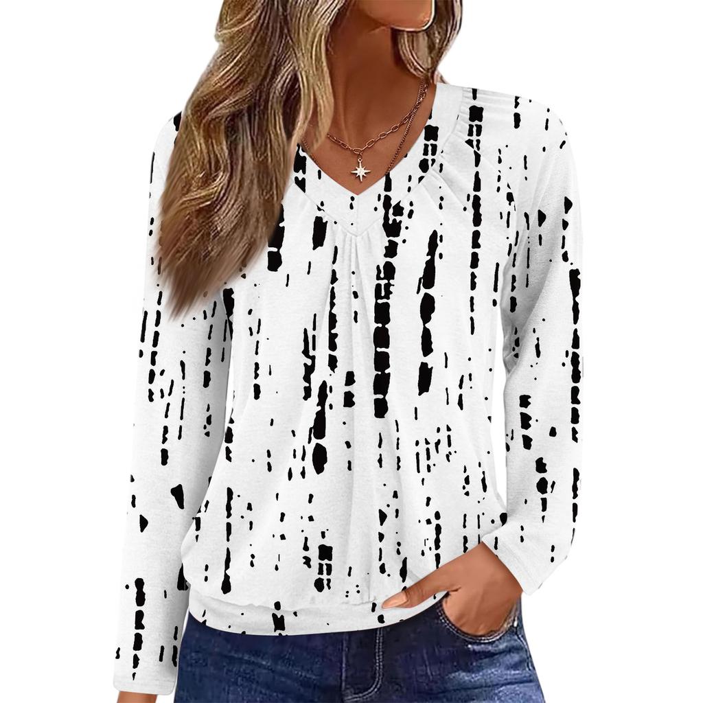 Women's Casual Fashion V-Neck Raglan Pleated Floral Print Long Sleeve Top