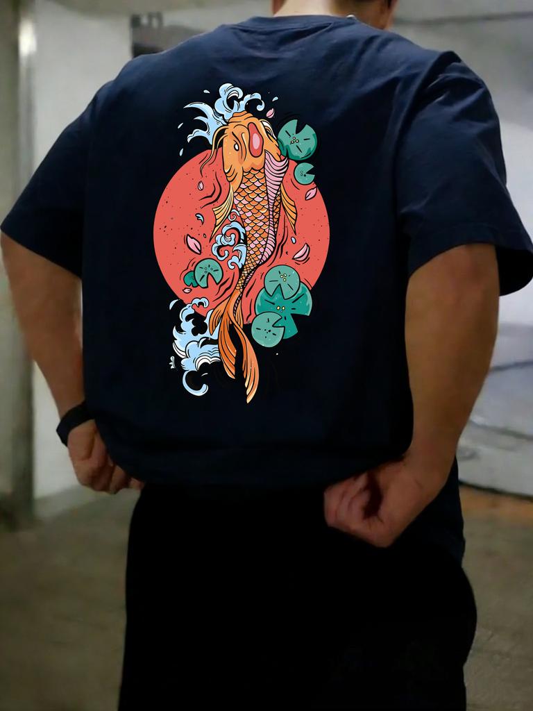 Japanese Koi Fish Mens Tshirt Loose Shortsleeved Summer Casual Pure Cotton Retro Clothing Suitable for Both Men Women