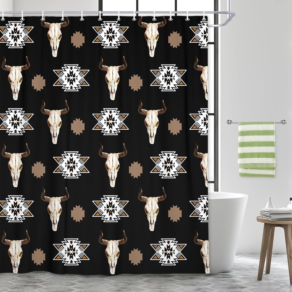 Western Bohemian Shower Curtain Tribal Bull Skull Geometric Beige Bathroom Decorative Shower Curtain with Hook W90xH180cm