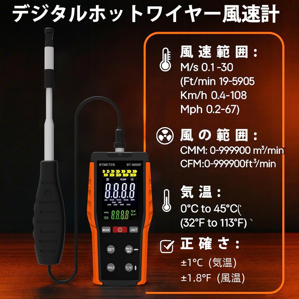BTMETER BT-9000F Anemometer, Hot-Wire Anemometer, Airflow Meter, CMM/CFM Airflow Measurement, Extendable Sensor, 5 Measurement Units, MAX/MIN/AVG Func