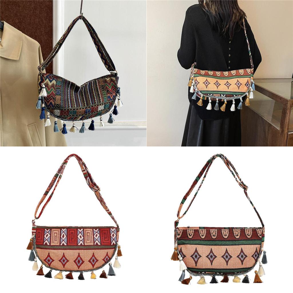 Vintage Ethnic Style Tassel Shoulder Bag With Water Dumpling Shape For Daily Use
