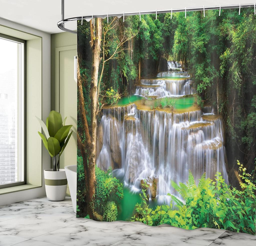Waterfall Shower Curtain with Hooks – Forest Stream View, Nature Landscape Decor for Spa-Like Bathroom