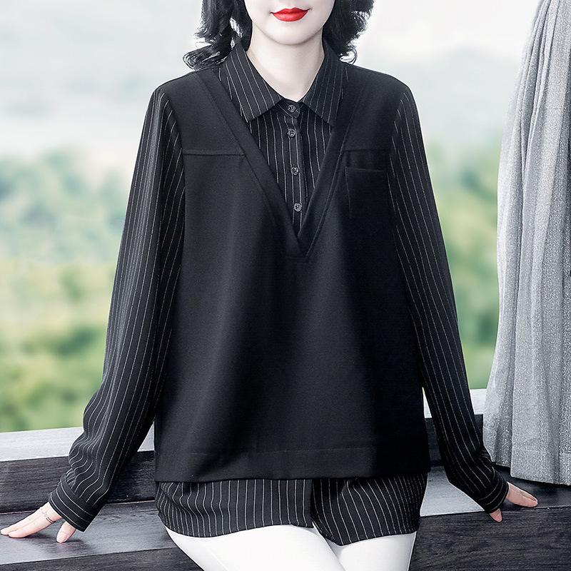 Spring Casual Plus-Size Two-Piece Shirt - Light Mature Style with Turn-Down Collar for Women