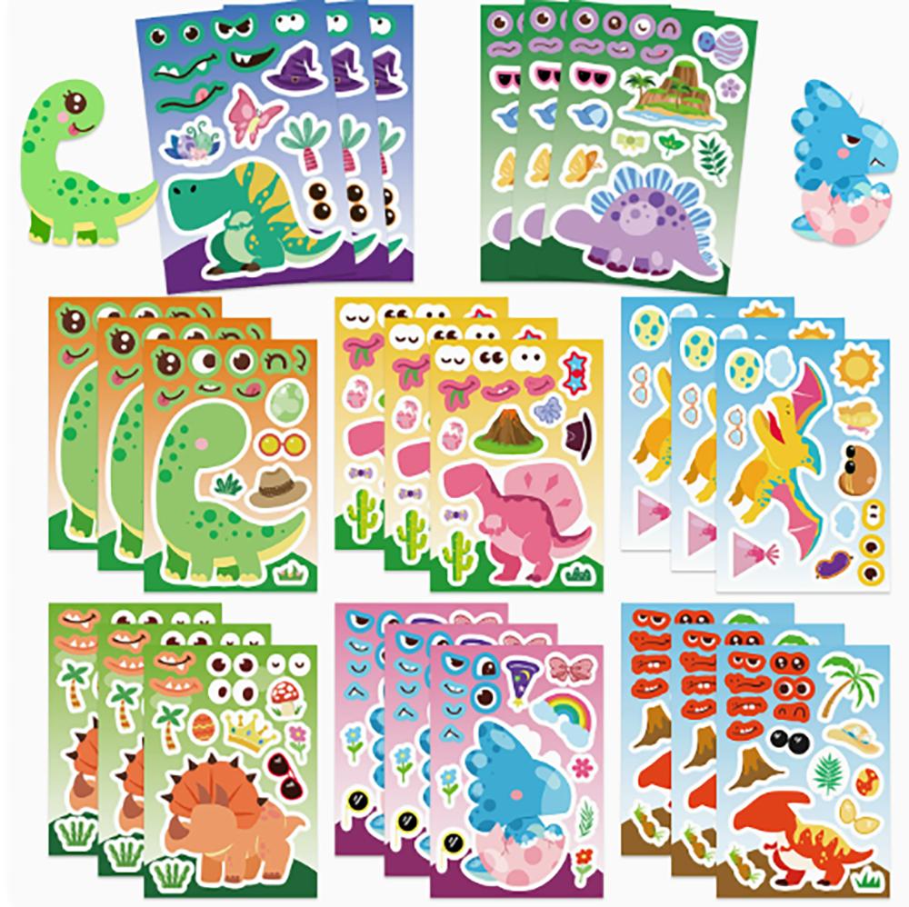 8/16Sheets Cartoon Dinosaur Make A Face Puzzle Sticker PVC Material Creative DIY Luggage Notebook Waterproof Children's Stickers