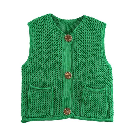 Women Knitting Vest V-Neck Sleeveless Single-Breasted Pocketed Knitting Waistcoat Versatile Solid Color Knitwear