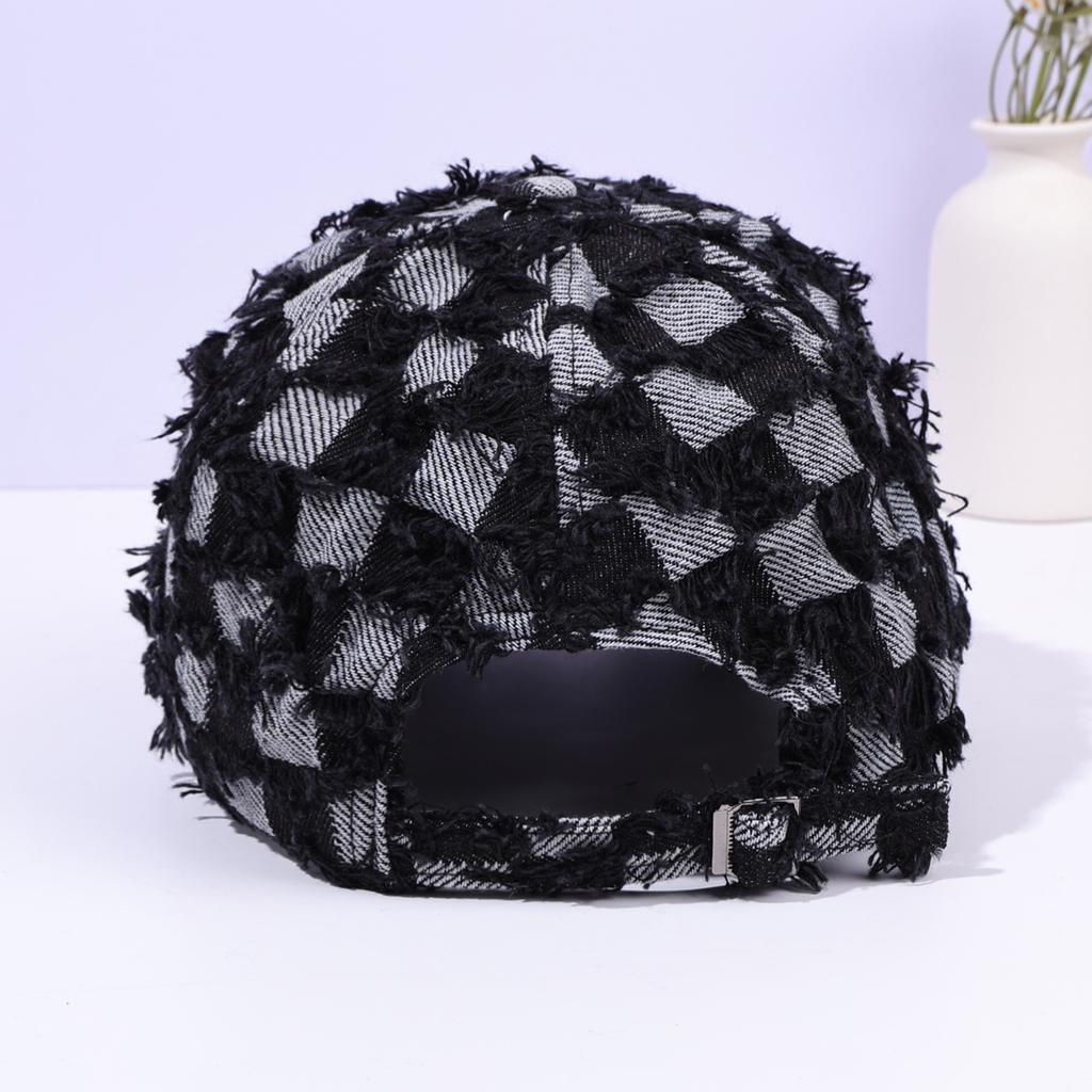 Unisex fringed checkered denim baseball cap with fashionable street shading and casual duckbill cap