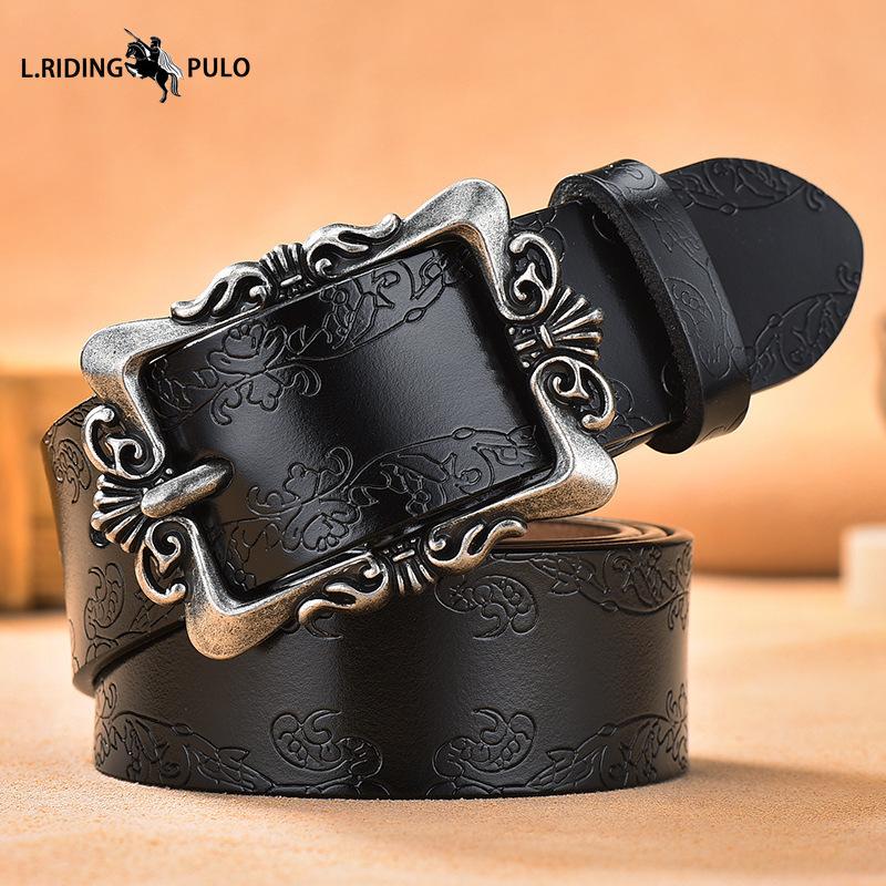 Vintage Genuine Leather Belt Ladies Pin Buckle Embossed Belt Cowhide Korean Style All-match Pants Belt
