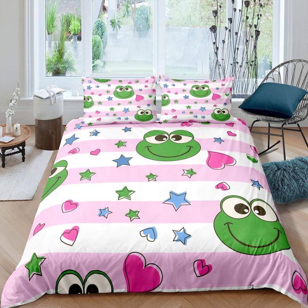 Frog Duvet Cover Cartoon Frog Bedding Set Full Size Cover Set for Women Teens Boys Kids Girls Gift Bedroom Decoration Queen Size