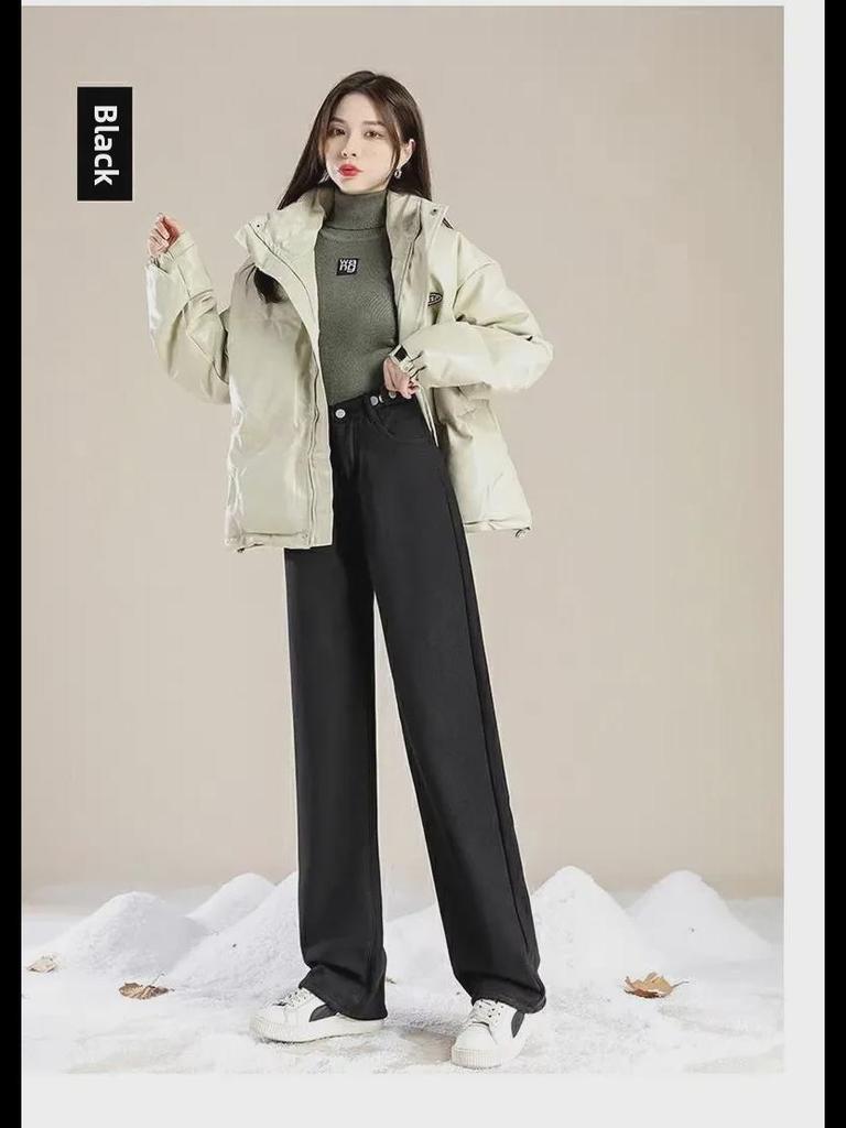 Women's Plush High-Waist Wide-Leg Jeans - Slim, Warm, All-Match Loose Straight Fit for Autumn/Winter