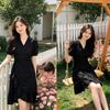 New V-neck Bubble Sleeves Waist Thin Ruffle Edge Dating Short Skirt Trendy Temperament Black Dress Women's Summer
